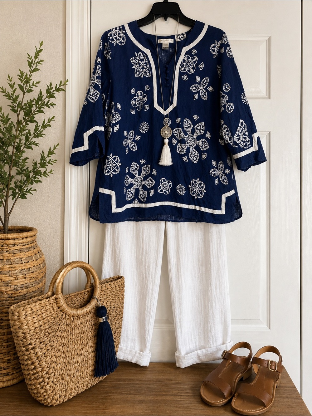Sarah Spencer Navy Blue Embroidered Peasant Tunic with White Accents
